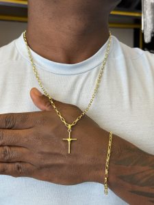 Cordão + pulseira Cartier 3mm + pingente crucifixo