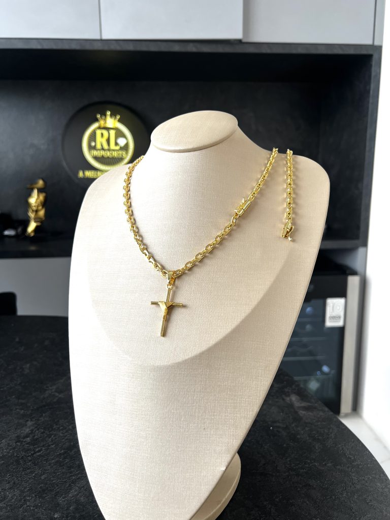 Conjunto Cadeado 6mm com Pingente Cruz banhado a ouro 18k