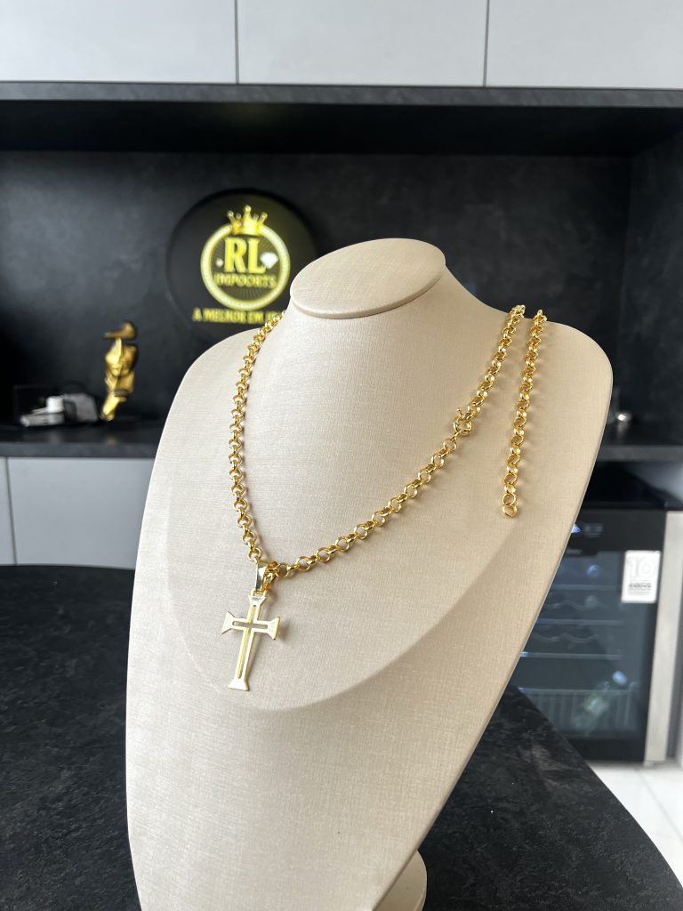 Conjunto Elo Português 8mm com Pingente Cruz Banhado a Ouro 18k