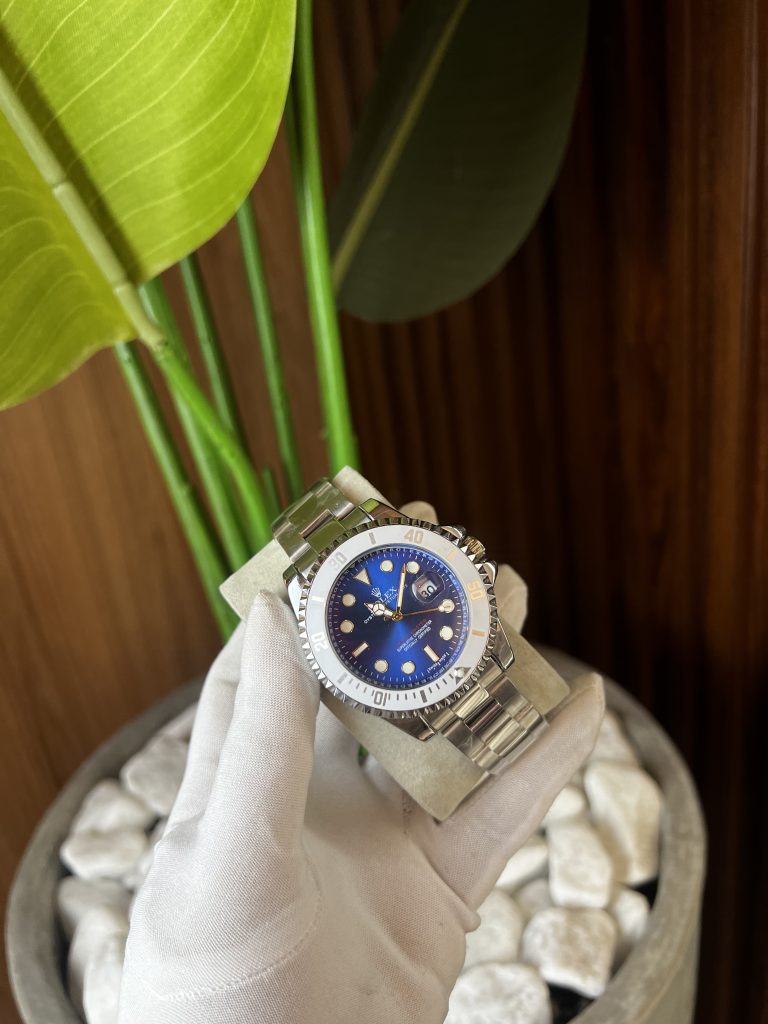 Relógio Prata Submariner Interna Azul Catraca Branca