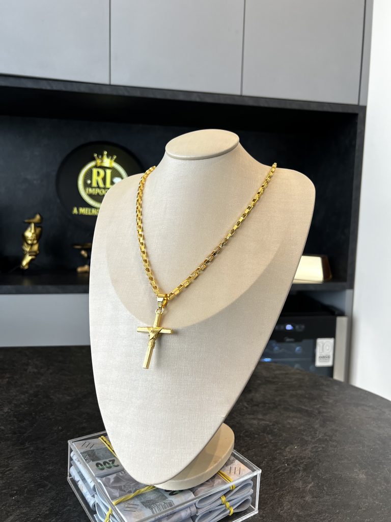 Cordão Bloquinho 6mm Com Pingente Crucifixo Palito